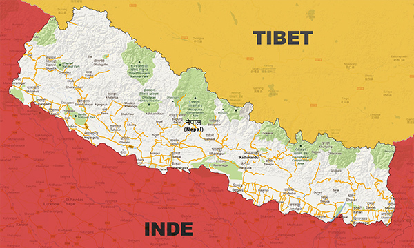Enclavé entre le Tibet, occupé par la Chine au nord, et l'Inde au sud, le Népal