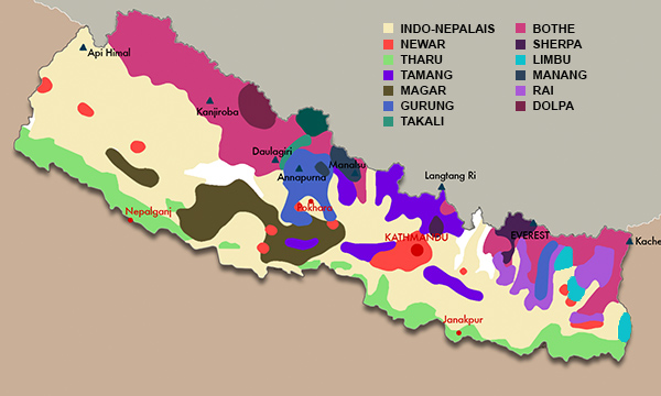 Carte d'implantation de ethnies du Népal